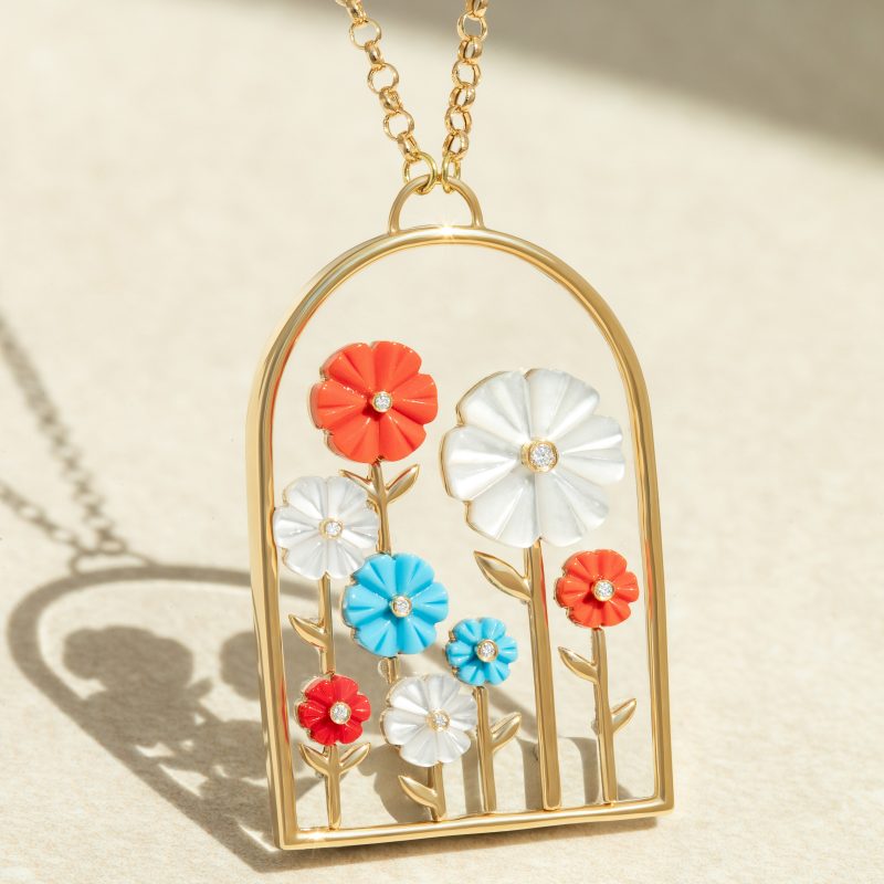 Necklace Tableau Large Transparent Back With White MOP Red Coral Turq Flowers – Closeup
